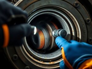 Close-up of hydraulic fracturing pump gland and packing under inspection by gloved technician.