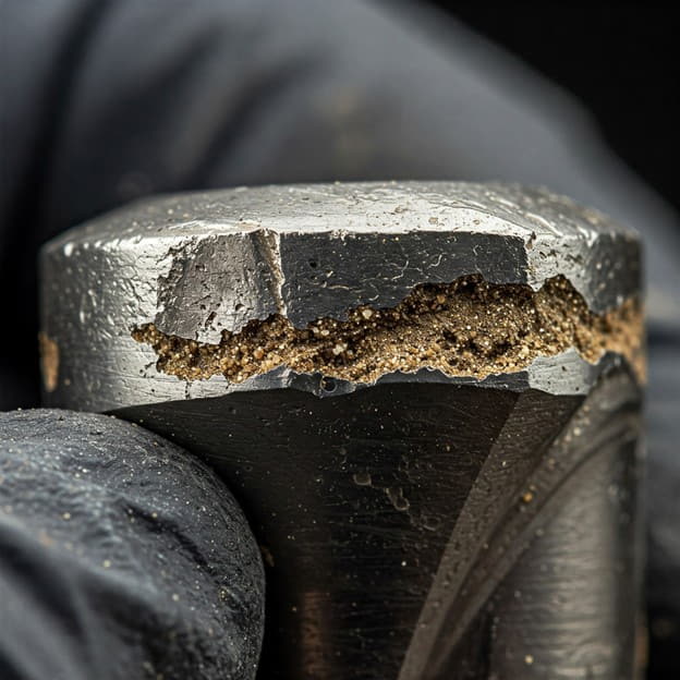 Close-up of worn Tungsten Carbide plunger tip showing erosion and surface damage from abrasive slurry.